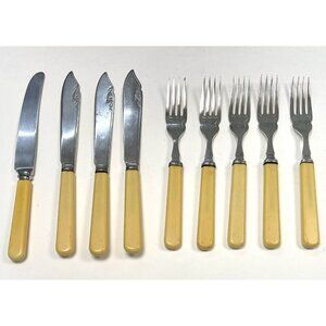 VTG 8pc Flatware Lot WES EPNS Silverplate Bakelite 5 Forks 3 Knives +Extra FLAWS